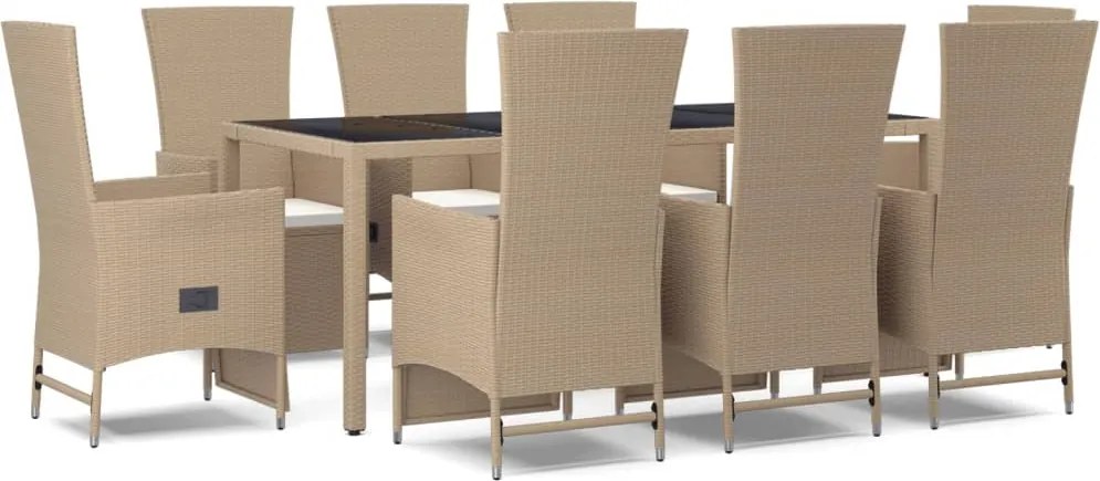 vidaXL Set de masă pentru grădină, 9 piese, cu perne, bej, poliratan