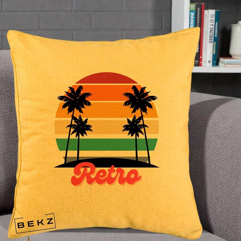 Perna Decorativa Retro Sunset Palmieri, 40x40 cm, Galben, Husa Detasabila, Perna Inclusa, BEKZ®