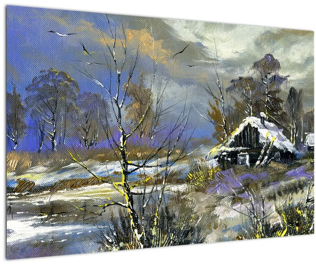 Tablou -Cabane într-un peisaj de iarnă, pictură în ulei (90x60 cm)