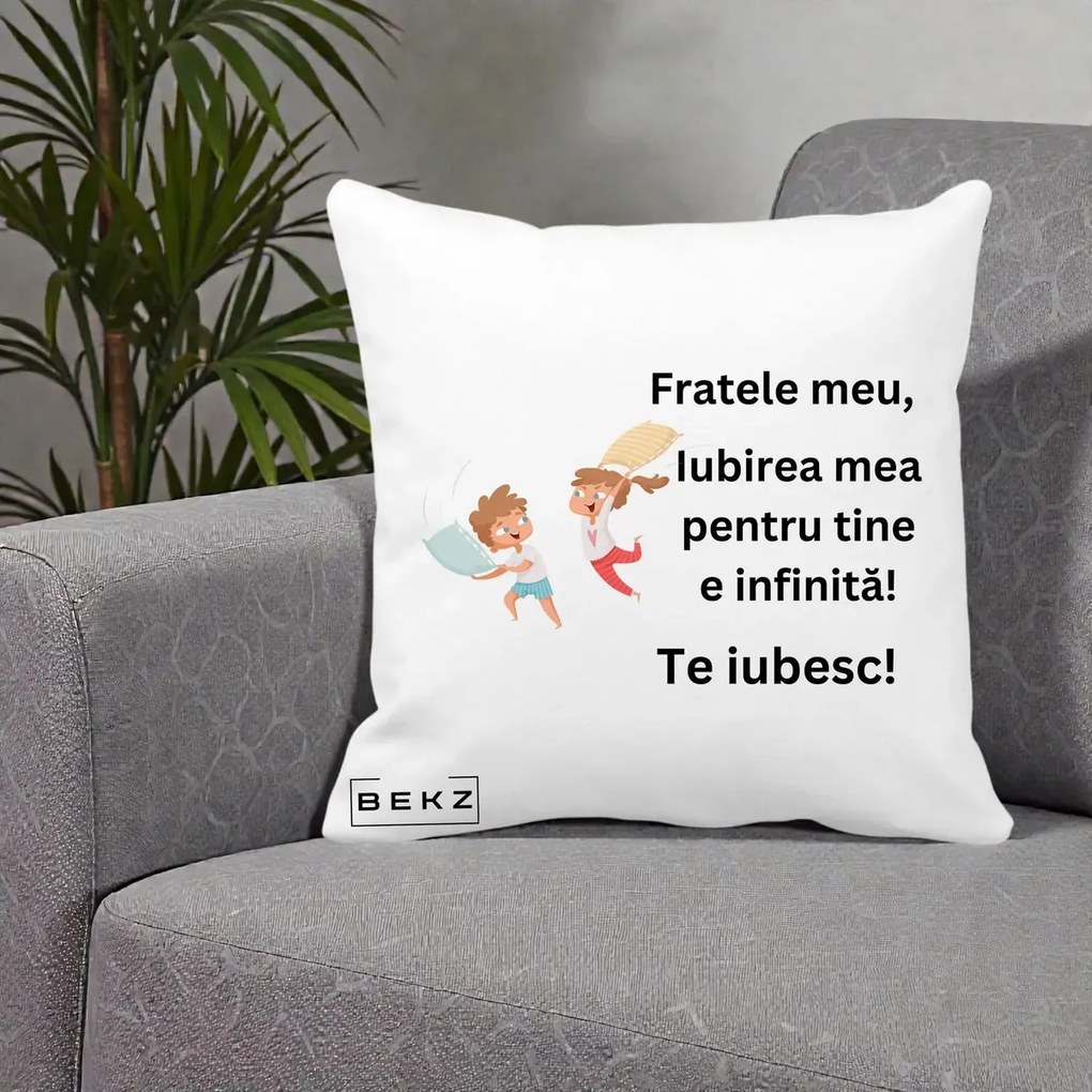 Cadou pentru Frate - Perna Personalizata Fratele Meu Te Iubesc Copii Batalie Perne, 40x40 cm, Alba Mata, Husa Detasabila, Perna Inclusa, BEKZ®
