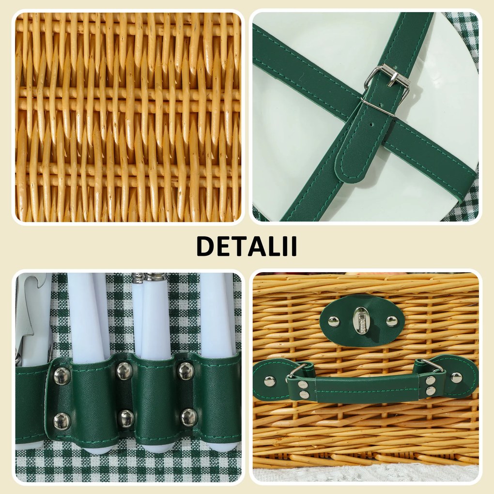 Outsunny Coș de Picnic din Răchită pentru 2 Persoane cu Zonă Frigorifică și Veselă, 40x30x20 cm, Maro Deschis | Aosom Romania