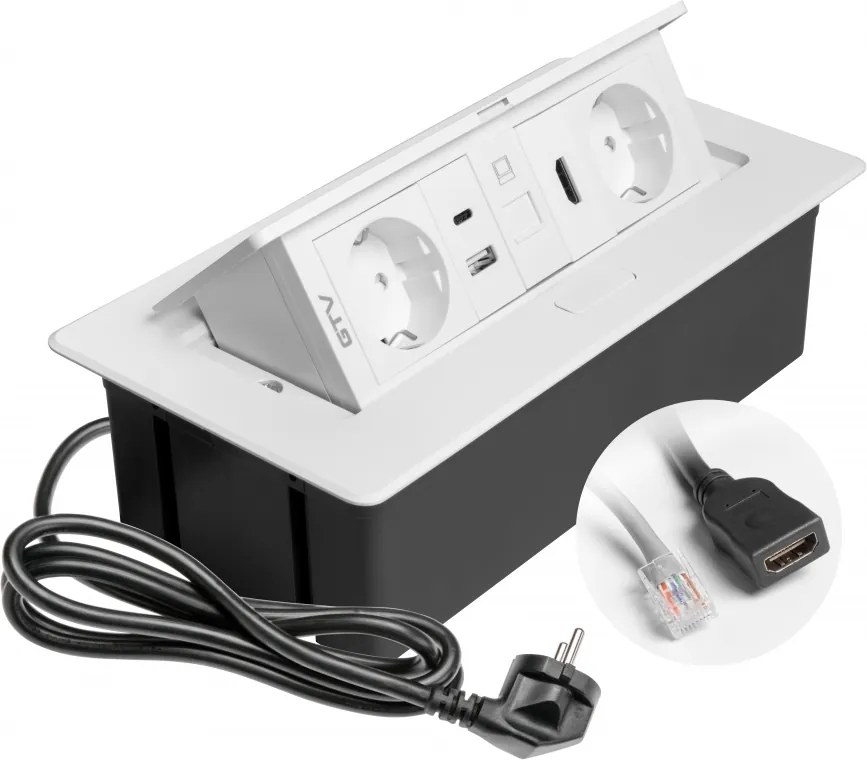 Priza incorporabila in blat Multi Soft GTV, 2 prize Schuko, USB A + C, HDMI, RJ45, alb, 240 x 120 mm Aluminiu Plastic, Alb, L:240 mm; l:120 mm; H:73