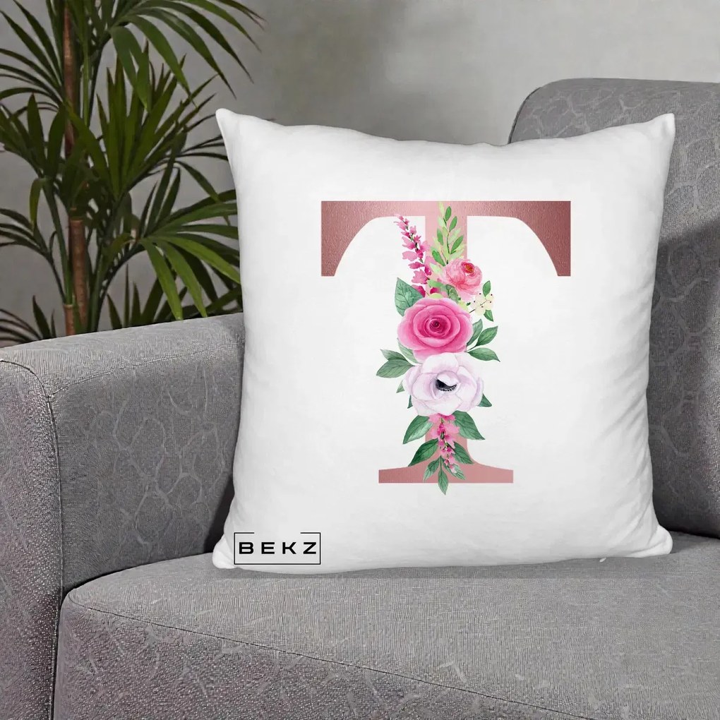 Cadou Personalizat - Perna Personalizata Monograma Rose Gold Litera T, 40x40 cm, Alb Pufos, Husa Detasabila, Perna Inclusa, BEKZ®