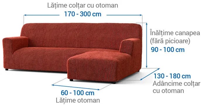 Huse bielastice COSTINA culoarea cupru canapea cu otoman dreapta (l. 170 - 300 cm)