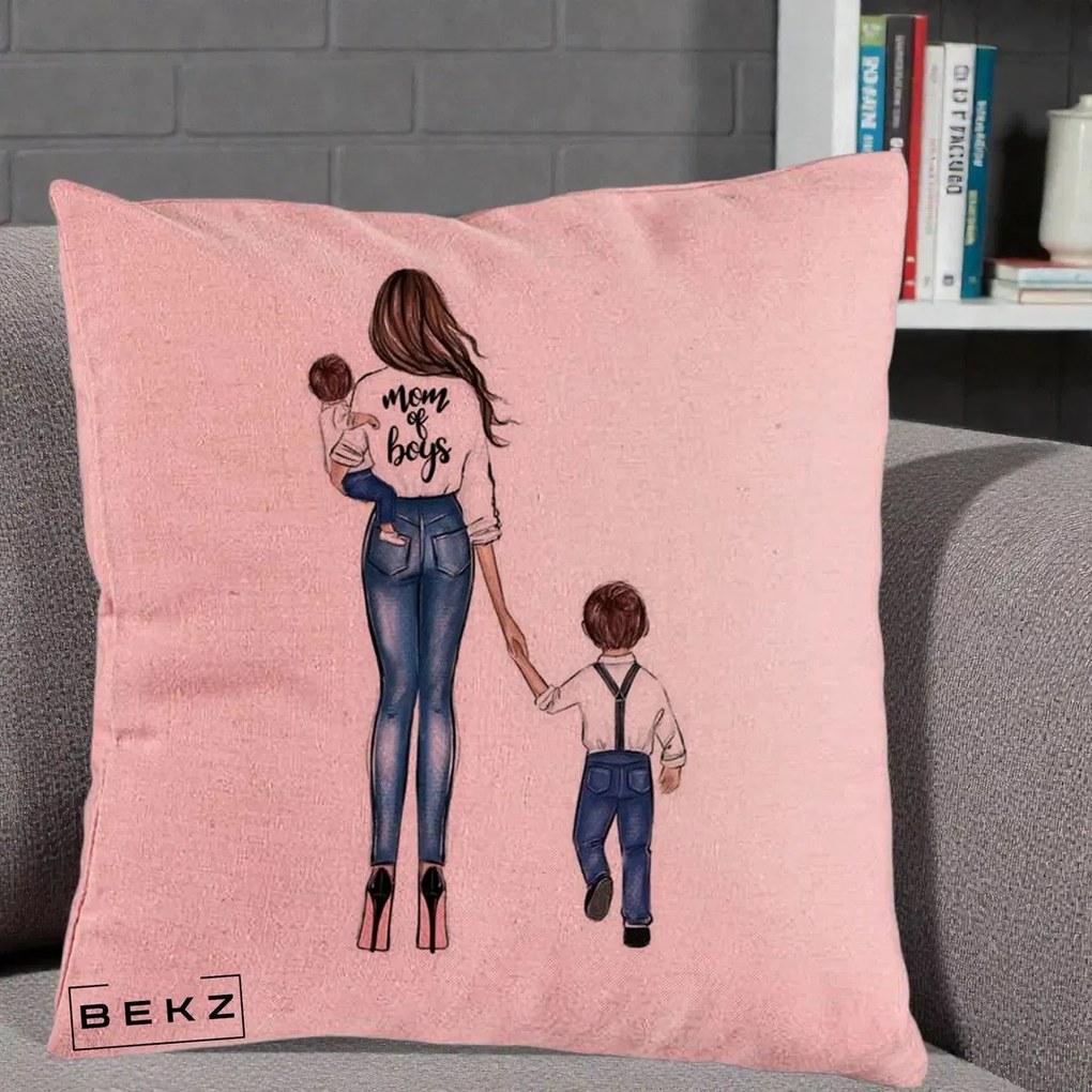 Cadou pentru Mama - Perna Personalizata Mom of Boys Mama cu Baietii, 40x40 cm, Roz, Husa Detasabila, Perna Inclusa, BEKZ®