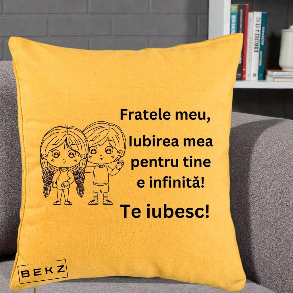 Cadou pentru Frate - Perna Personalizata Fratele Meu Te Iubesc Copii Anime Line Art Negru, 40x40 cm, Galben, Husa Detasabila, Perna Inclusa, BEKZ®