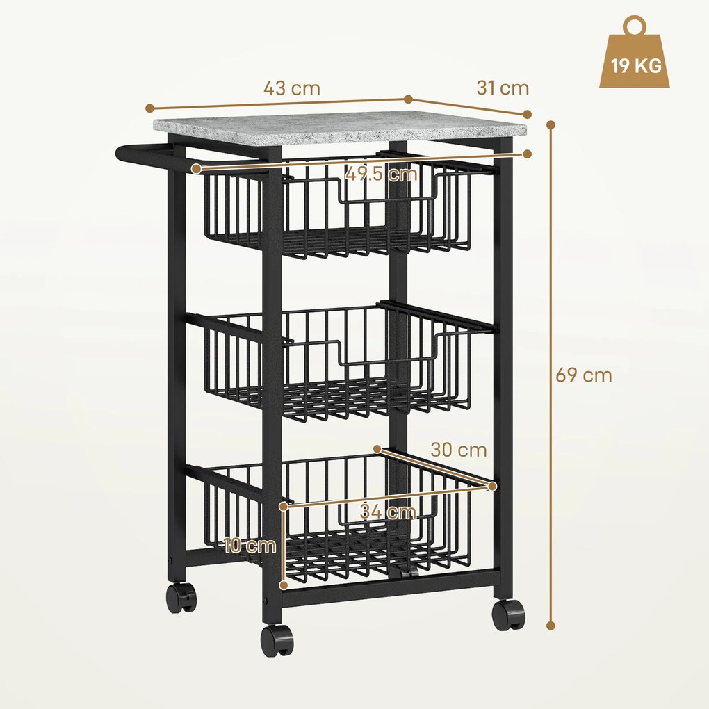 HOMCOM Cărucior de bucătărie cu 3 coșuri și mâner, din oțel și lemn, 49,5x31x69 cm, negru și gri deschis | Aosom Romania