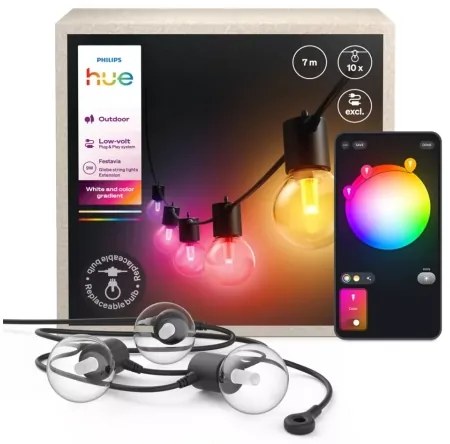 Philips Hue Festavia – Extensie pentru ghirlandă exterioară LED RGBW dimabilă, 10×LED, 7 m, IP65