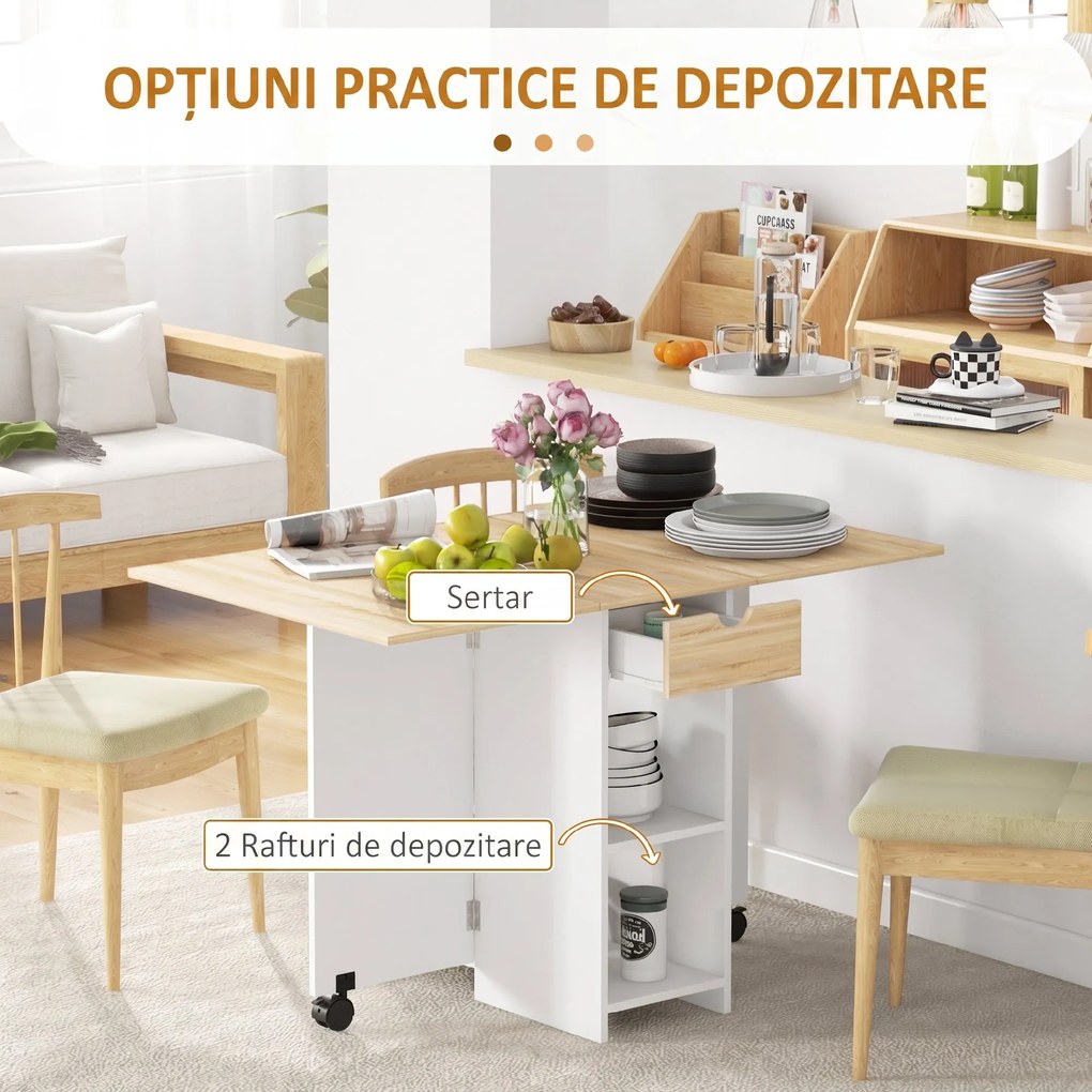 HOMCOM Masă de Dining Pliabilă cu Sertar și Rafturi, Masă Economică cu Extensii pentru Bucătărie, Sufragerie, Living, Stejar | Aosom Romania