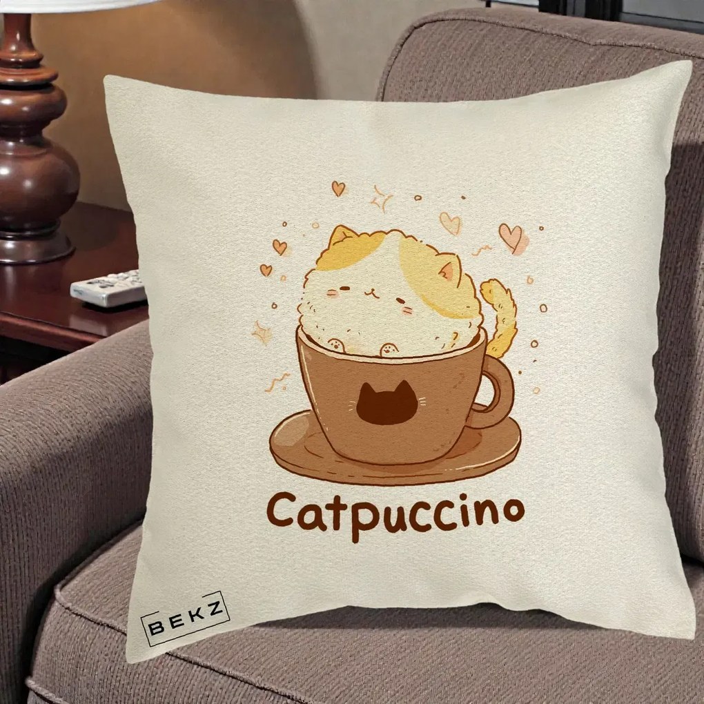 Perna Decorativa Catpuccino Pisica Cappuccino, 40x40 cm, Ecru, Husa Detasabila, Perna Inclusa, BEKZ®