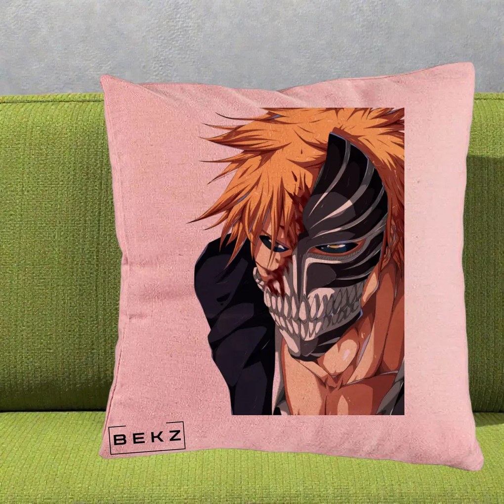 Perna Personalizata Bleach Ichigo Masca Hollow, 40x40 cm, Roz, Husa Detasabila, Perna Inclusa, BEKZ®