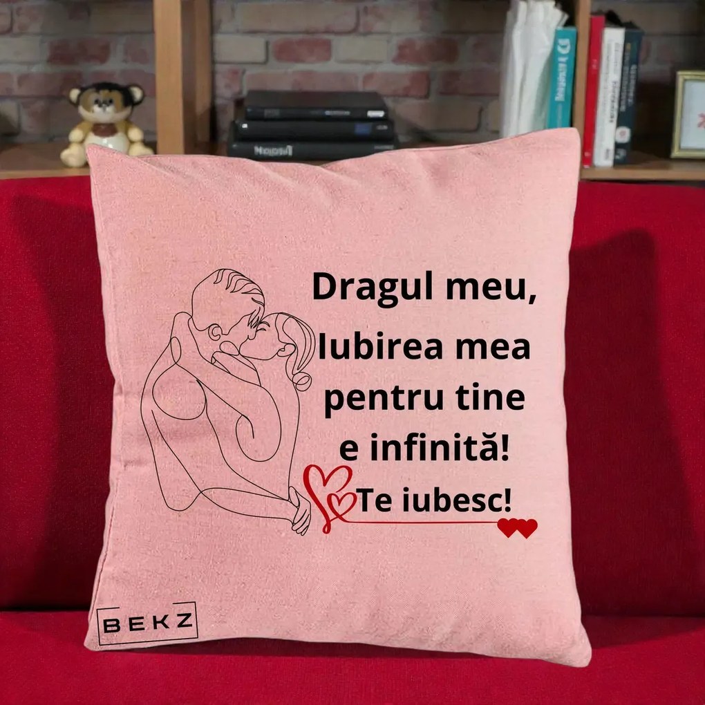 Cadou pentru Iubit - Perna Personalizata Dragul Meu Iubirea Mea pentru Tine e Infinita Te Iubesc, 40x40 cm, Roz, Husa Detasabila, Perna Inclusa, BEKZ®