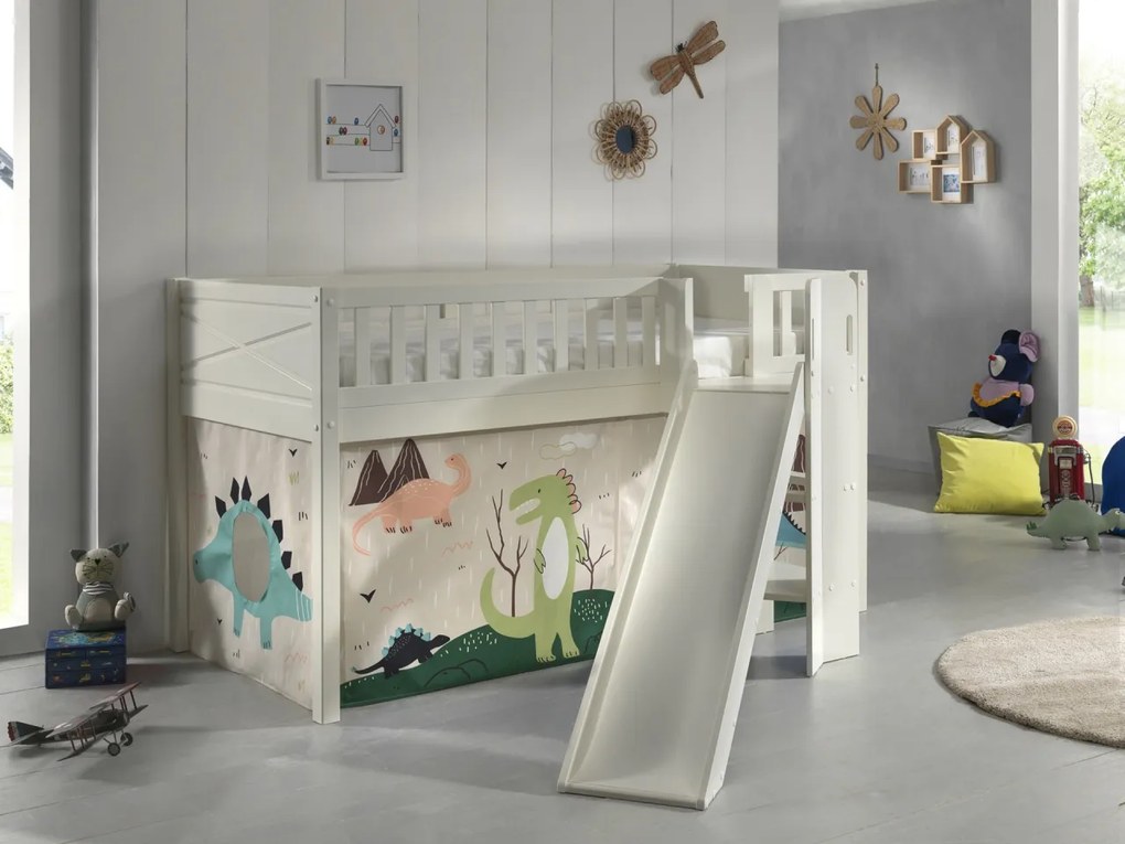 Pat supraetajat SCOTT cu tobogan, alb, 90x200 cm + Cort de joacă DINO – Vipack