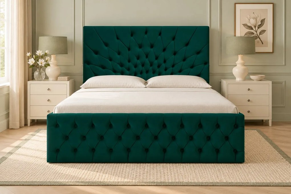 Pat tapițat Chesterfield din catifea Venezia 160×200 cm, verde, cu ladă de depozitare