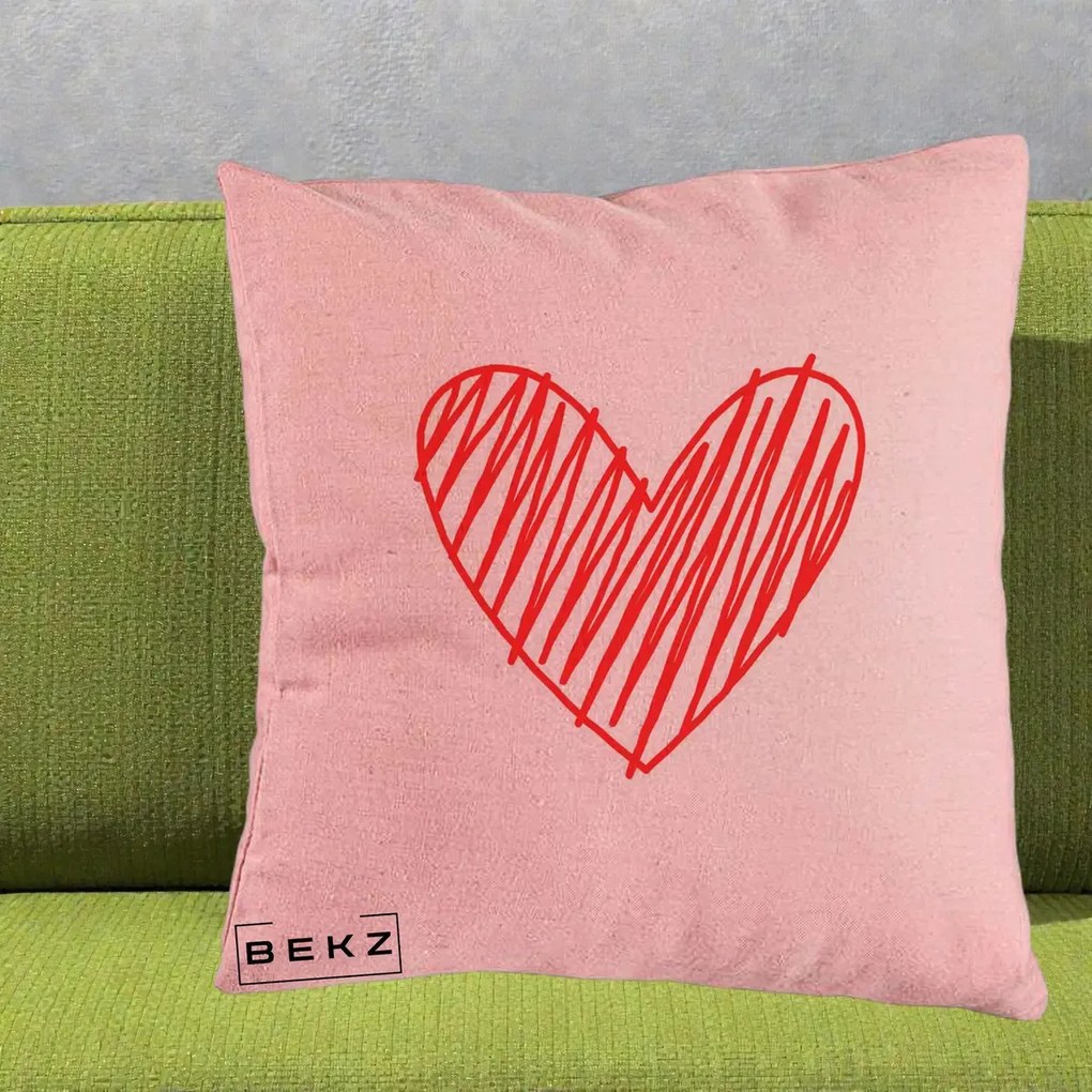 Perna Decorativa Inima Rosie Desen Manual, 40x40 cm, Roz, Husa Detasabila, Perna Inclusa, BEKZ®