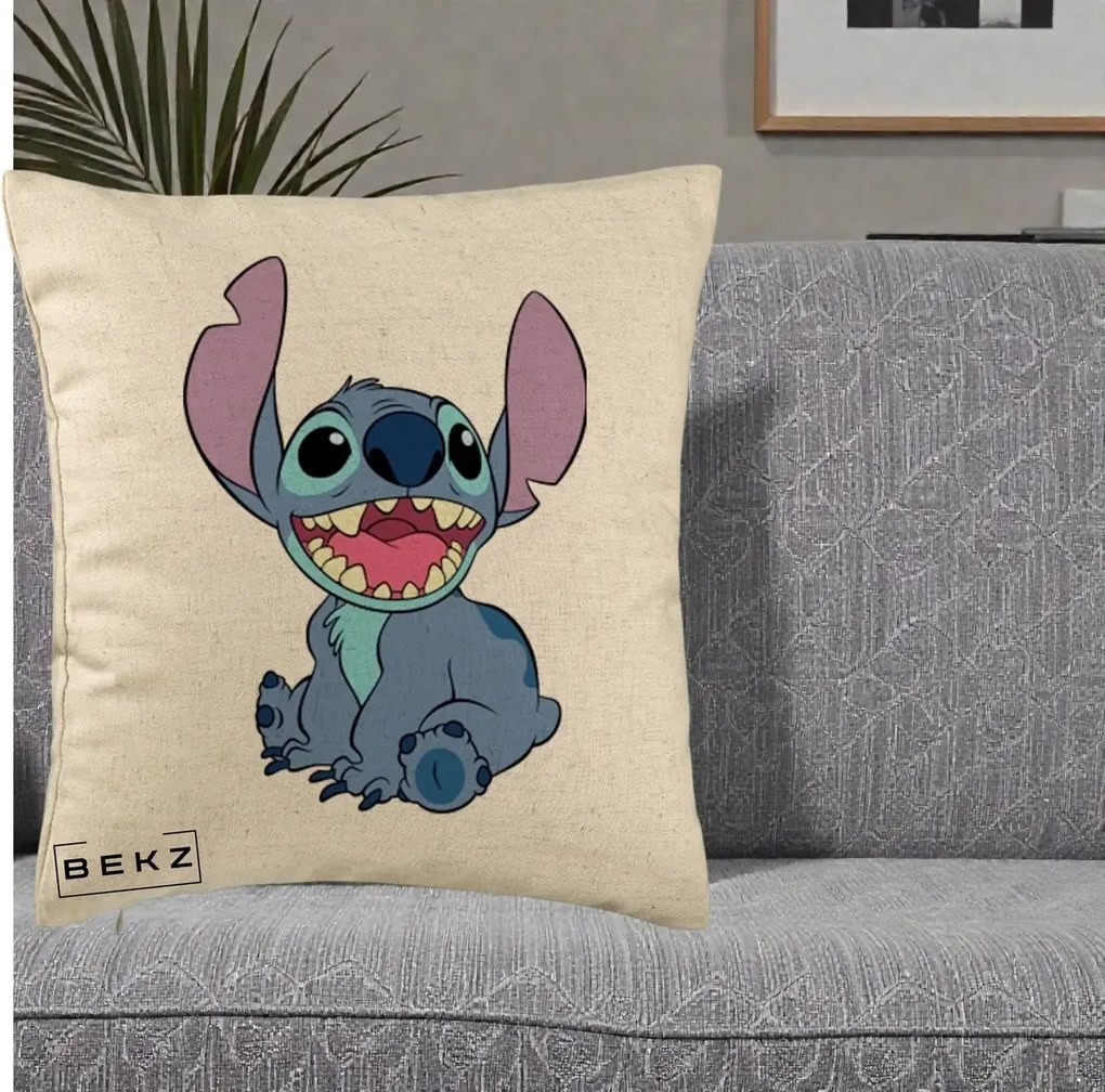 Perna Personalizata Stitch Zambitor, 40x40 cm, Bej, Husa Detasabila, Perna Inclusa, BEKZ®