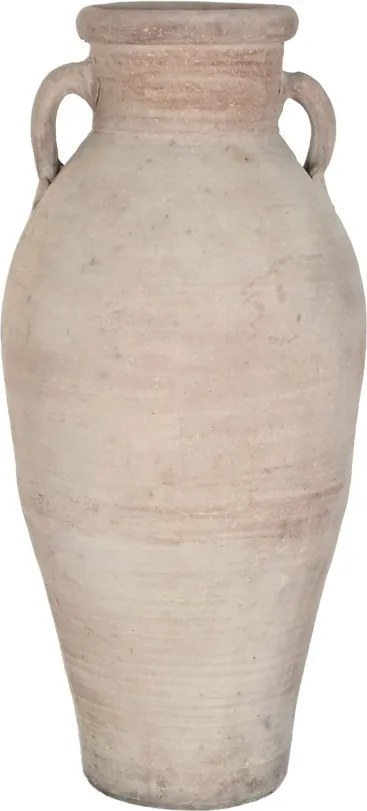 Vas decorativ amforă din teracotă artizanală, finisaj craft roz-crem, cu 2 anse, 40×40×98 cm, „Jerba"