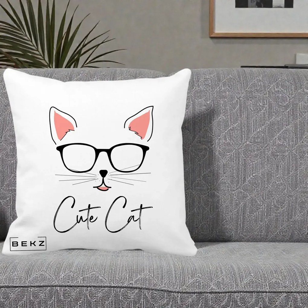Perna Personalizata Cute Cat cu Ochelari, 40x40 cm, Alba Mata, Husa Detasabila, Perna Inclusa, BEKZ®