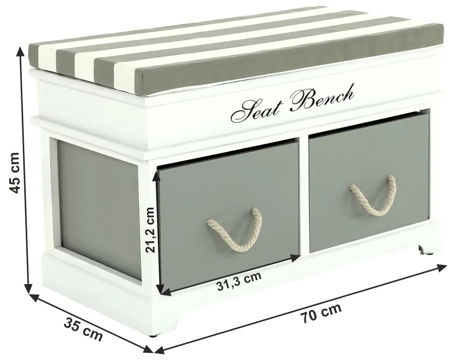 Bancă cu pernă, 2 sertare, alb/gri, SEAT BENCH 2 NEW