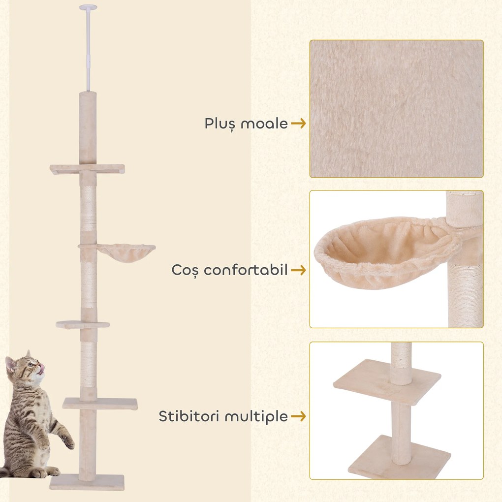 PawHut Centru de Joacă pentru Pisici cu Nivele Multiple, Hamac și Înălțime Reglabilă, 40x34x230-260cm, Bej | Aosom Romania