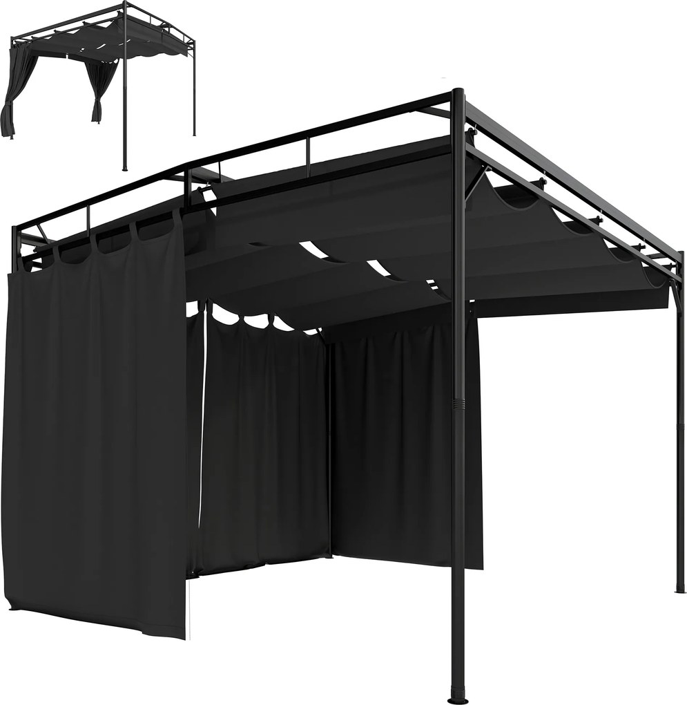 Outsunny Pergolă Pavilion 3x3m rezistent la apă Protecție solară cu acoperiș glisant reglabil Draperii, independent | Aosom Romania