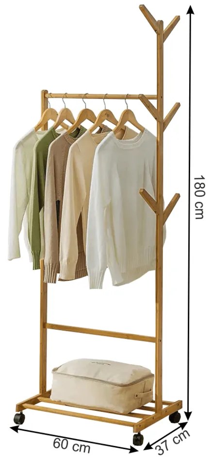 Cuier mobil din bambus Vikir Tip 1, 60 x 37 x 180cm