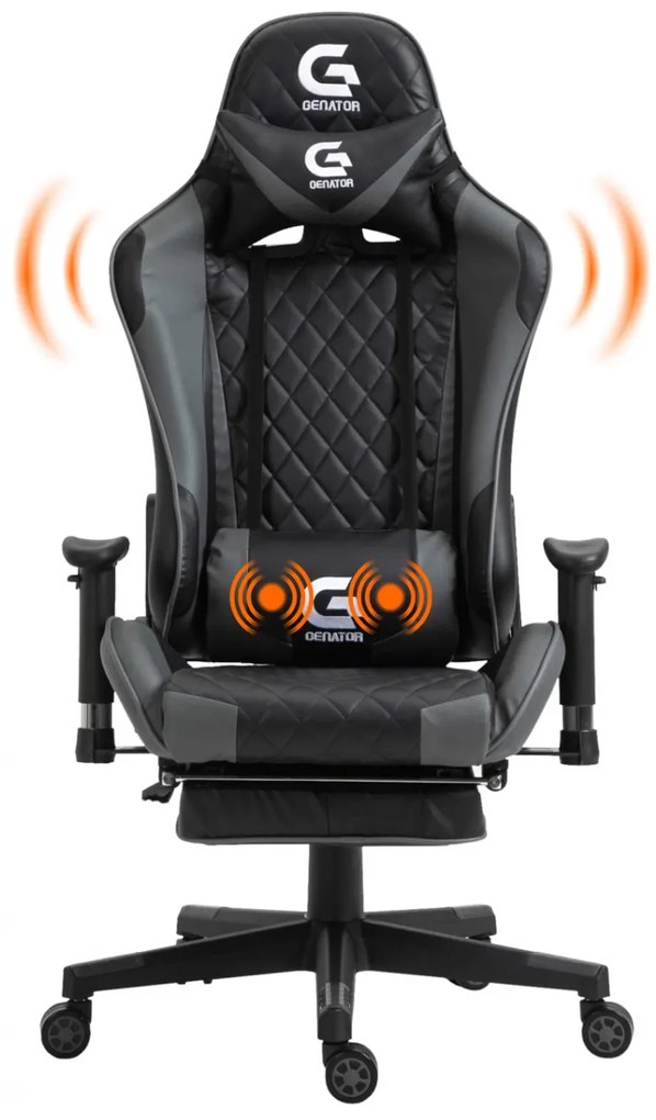 Scaun gaming cu masaj în perna lombară, sezut benzi elastice sustinere, cotiere 3D, suport picioare, funcție sezlong, Negru/Gri