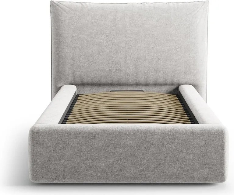 Pat gri deschis tapițat cu spațiu de depozitare cu somieră 90x200 cm Kaelle – Micadoni