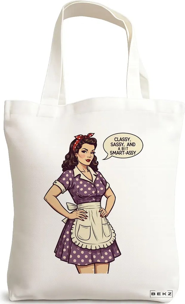 Sacosa de Panza pentru Cumparaturi, Geanta Tote, model Classy sassy and a bit of smarty 38 x 34.5 cm, Alba, BEKZ®