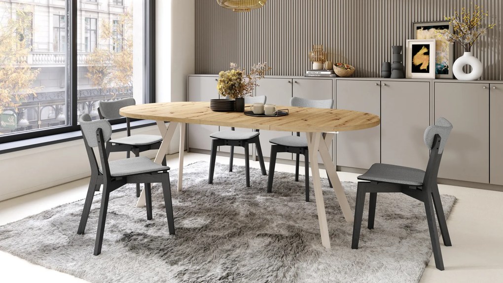 Mazzoni ALDO Stejar Artisan/picioare bej - MASĂ ROTUNDĂ STIL LOFT PENTRU SALON/SUFRAGERIE EXTENSIBILĂ CU PICIOARE ÎN FORMĂ DE "Y"