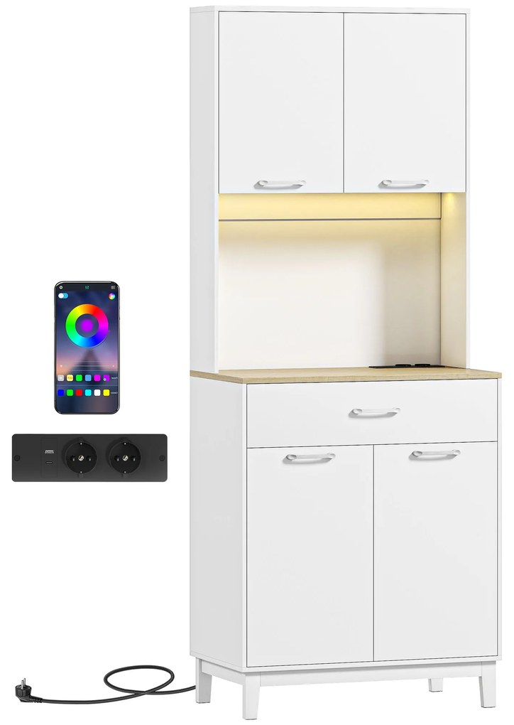 HOMCOM Credență Modernă cu Lumini, Prize USB, 2 Dulapuri și Sertar Alb | Aosom Romania