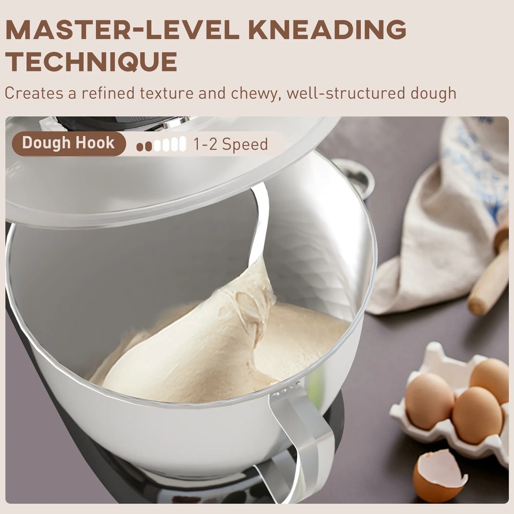 HOMCOM Mixer Planetar de 4.5L cu 6 Viteze din Oțel Inoxidabil, Plastic și Aluminiu, 35x22x29 cm, Negru și Argintiu | Aosom Romania