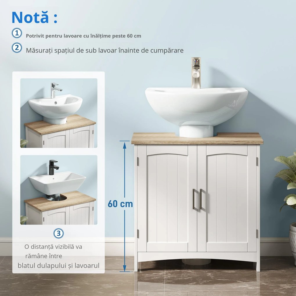kleankin Dulap Sub Lavoar Baie cu 2 Uși și Raft Reglabil Alb și Lemn | Aosom Romania