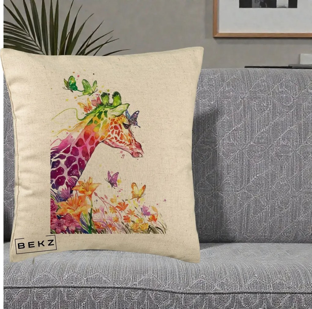 Perna Decorativa Girafa Curcubeu Acuarela, 40x40 cm, Bej, Husa Detasabila, Perna Inclusa, BEKZ®