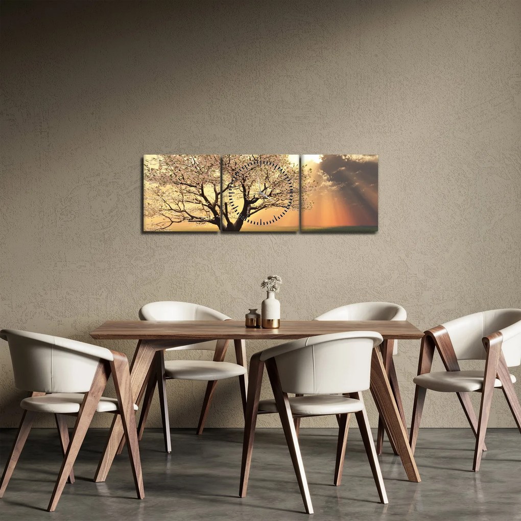 Tablou cu copac pe luncă (cu ceas) (90x30 cm)