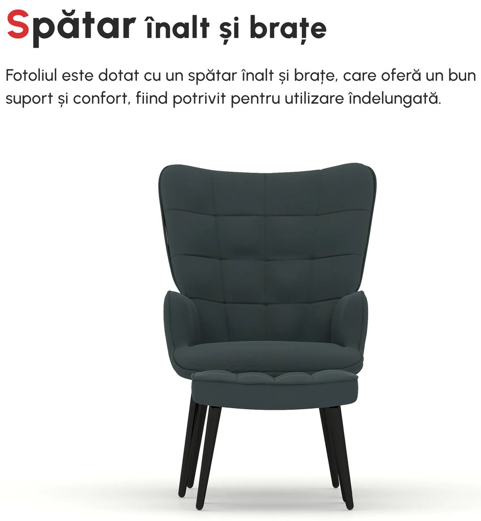 HOMCOM Fotoliu Tapițat pentru Interior cu Brațe și Taburet Integrat, Fotoliu pentru Sufragerie din Țesătură, 73x77.5x98 cm, Gri Închis | Aosom Romania