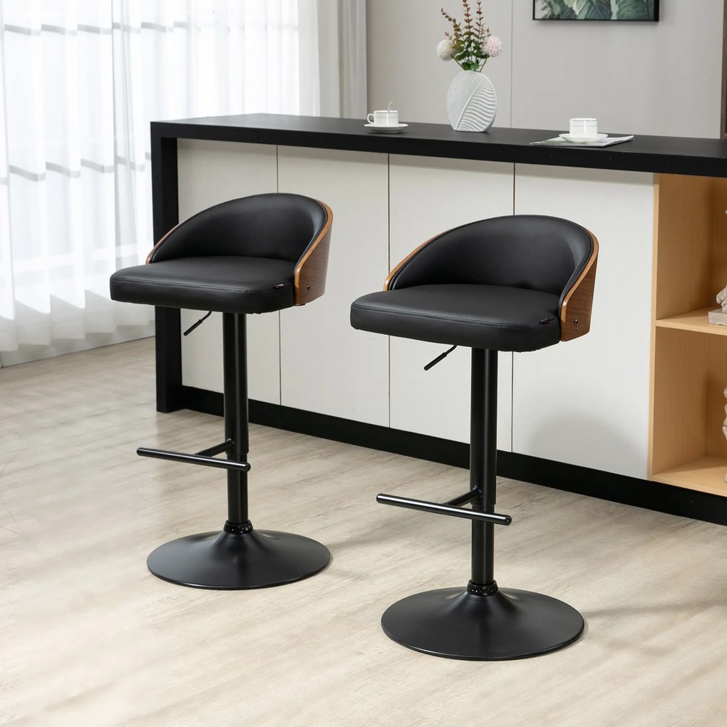 HOMCOM Scaune de Bar Set 2 buc., Scaun de Bar Tapitat din Oțel și Lemn Masiv, Înălțime Reglabilă pentru Bucătărie cu Suport pentru Picior, Rotativ 360°, Scaun de Bar pentru Bucătărie, Sufragerie, Sală de Mese, Negru+Cafea | Aosom Romania