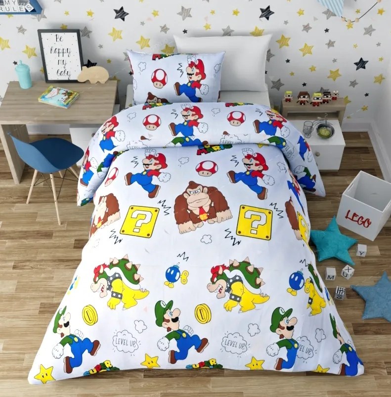 Lenjerie de pat copii bumbac Super Mario /160x200 cm dimensiune standard