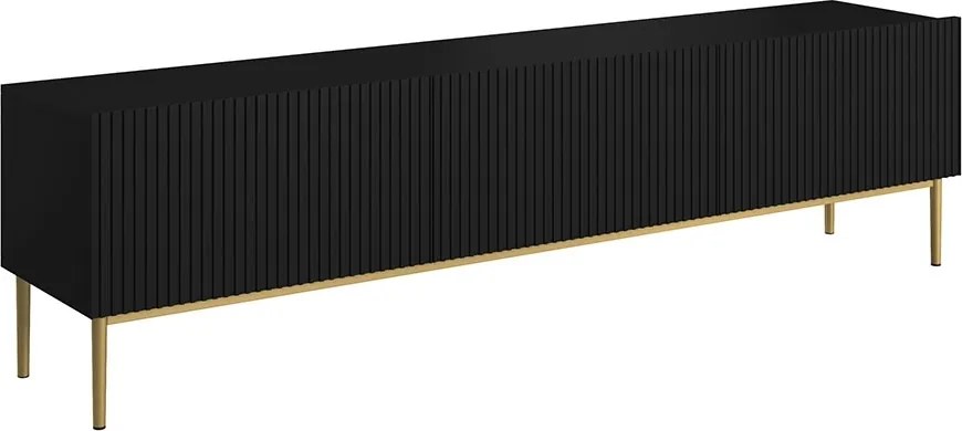 Comodă TV Nicole 200 cm, cu picioare metalice și sertar – negru mat / picioare aurii