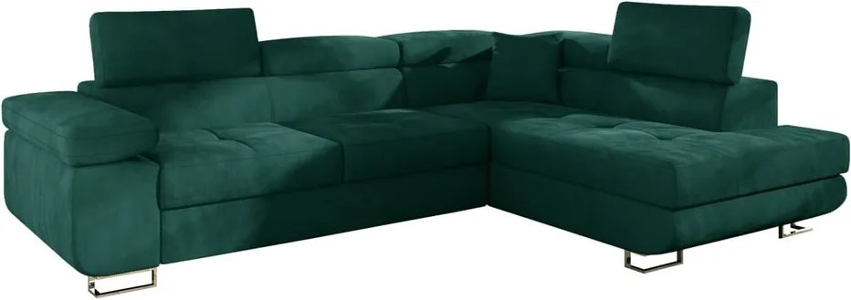 Colțar verde extensibil/cu spațiu de depozitare cu tapițerie din catifea (cu colț pe partea dreaptă/în formă de ”L”) Anton – ELTAP