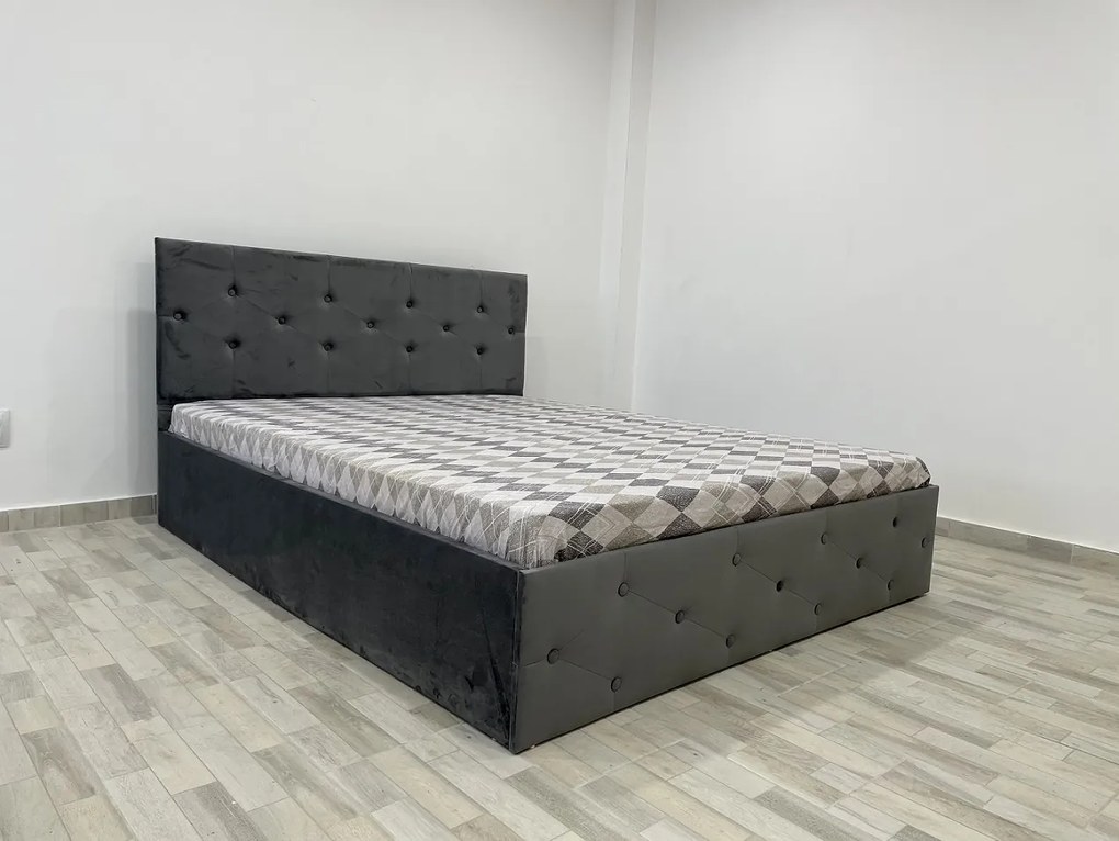 Dormitor Erika / Paris, culoare alb / gri, cu pat tapitat 160 x 200 cm, dulap cu oglinda 150 cm, comoda si 2 noptiere