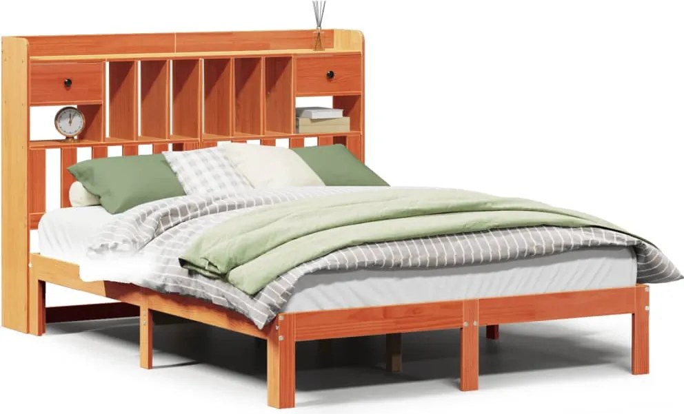 vidaXL Pat cu bibliotecă fără saltea maro 140x200 cm lemn masiv de pin