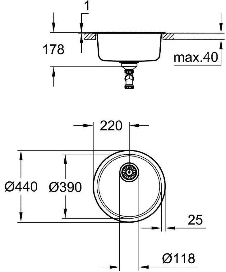 Grohe K200 Chiuveta bucatarie inox cu 1 cuva, O44 cm