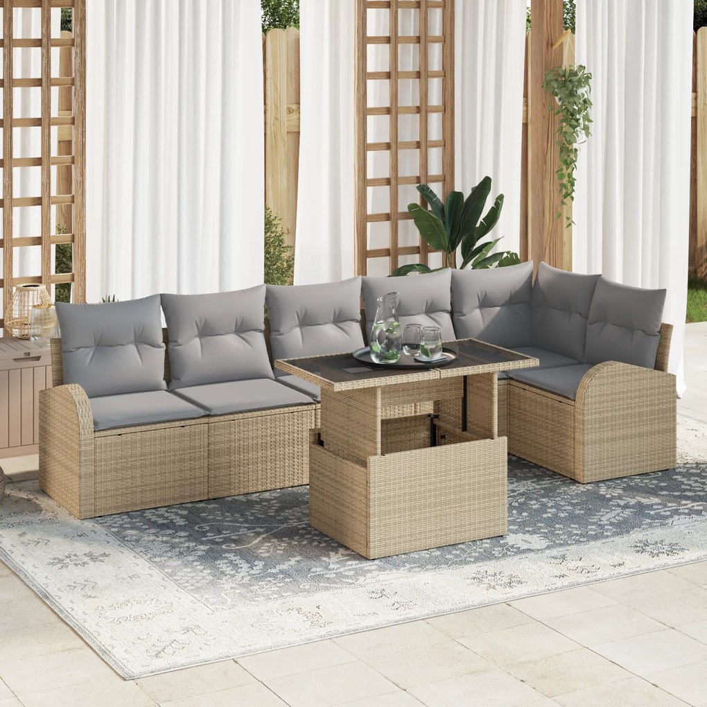 vidaXL Set de canapea de grădină 7 piese cu perne, bej, din rattan poly