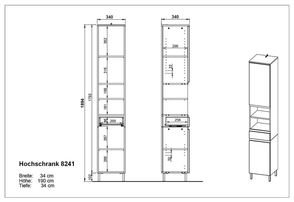 Dulap de baie înalt de culoare gri închis în decor de stejar 34x190 cm Salinas - Germania