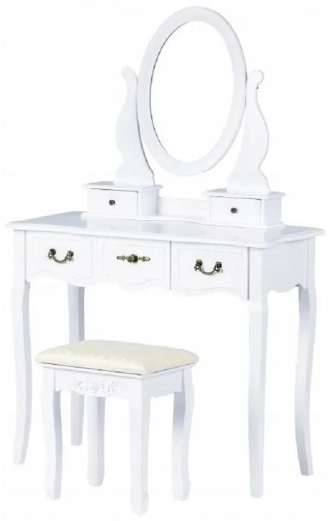 Set Otilia, Masă de toaletă pentru machiaj cu scaun, oglindă și 5 sertare, Alb