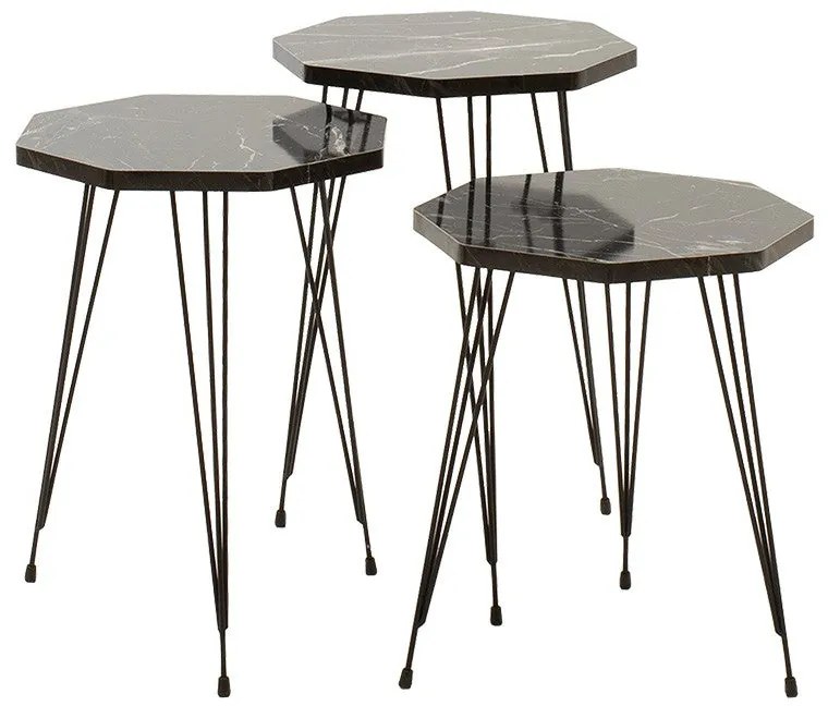 Set 3 măsuțe laterale Buena Pakoworld imitație marmură, negru