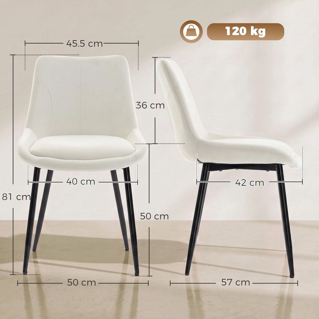 HOMCOM Set 2 Scaune de Dining din Catifea pentru Bucătărie, Alb Crem | Aosom Romania