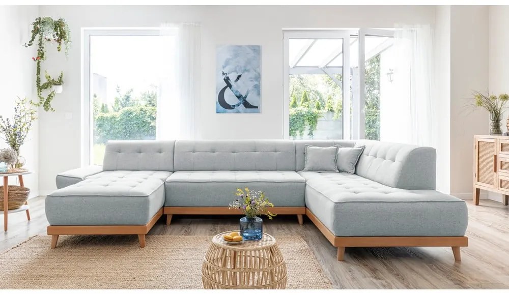 Canapea extensibilă în formă de "U" cu șezlong pe partea dreaptă Miuform Dazzling Daisy, gri deschis