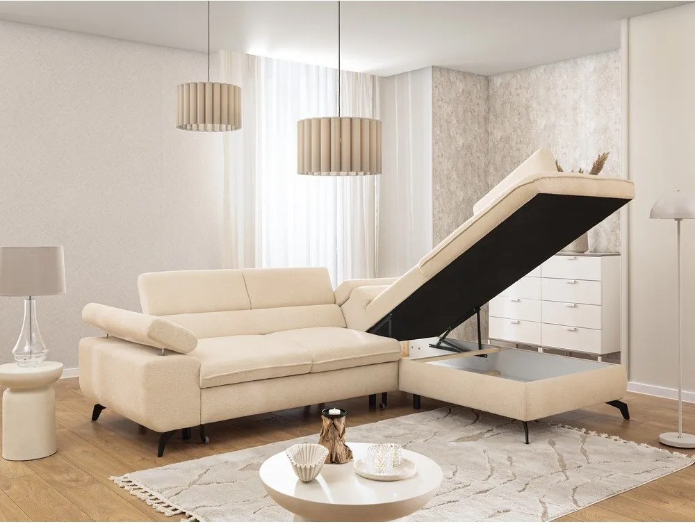 Colțar crem cu tapițerie din chenille (cu colț pe partea dreaptă/în formă de ”L”) Marbeya – Ropez